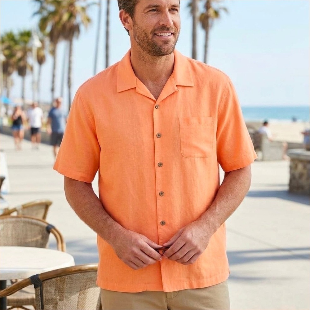 Tommy Bahama Mens XL Orange 100% Silk Short Sleeve Button Down Camp Shirt